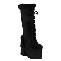 Thumbnail for Black knee-high platform boot with fur details on a white background