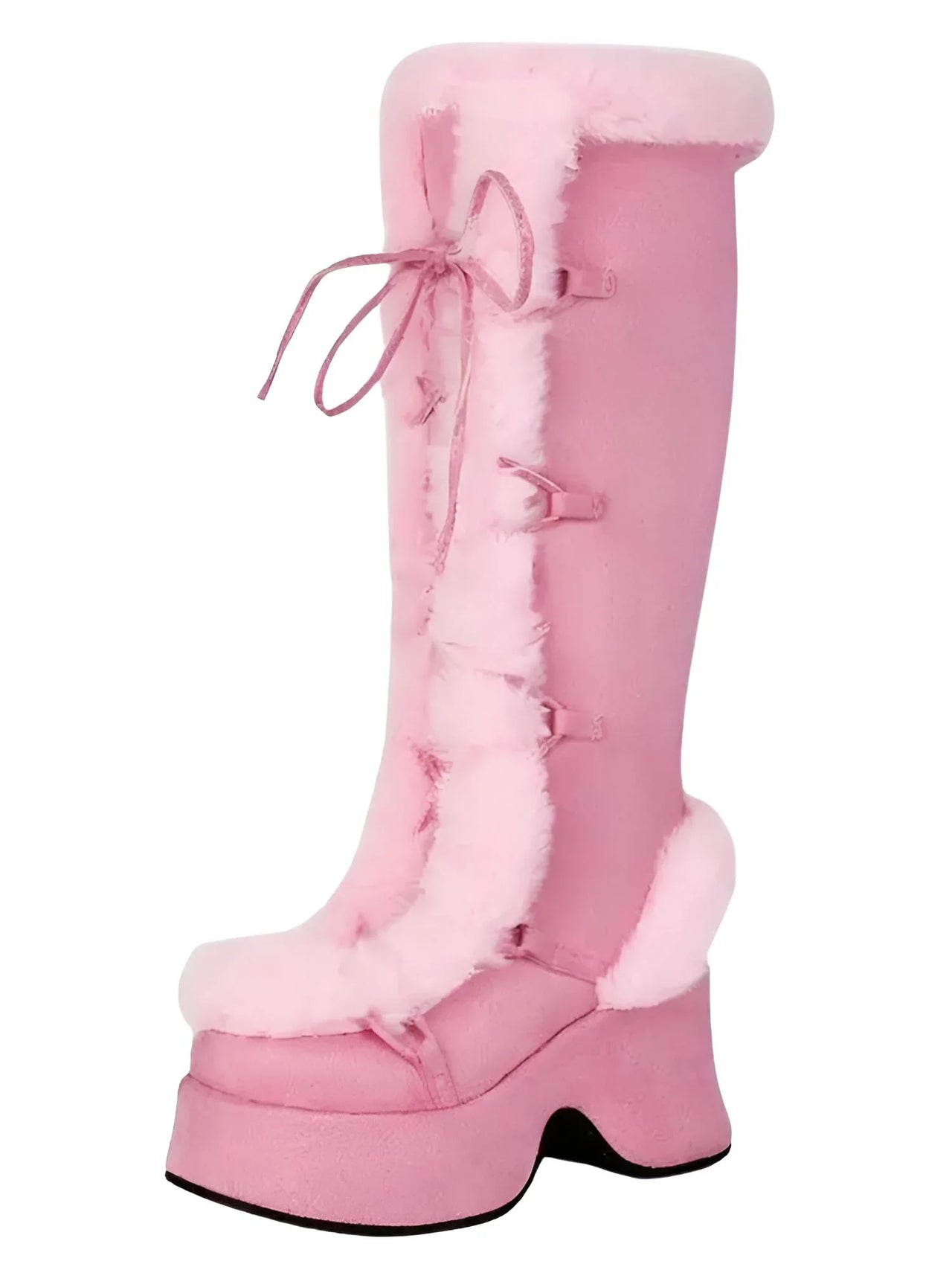 Pink knee-high platform boots with fluffy lining on a white background