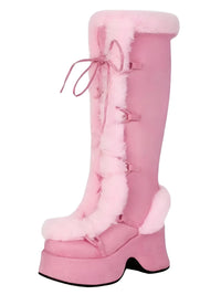Thumbnail for Pink knee-high platform boots with fluffy lining on a white background