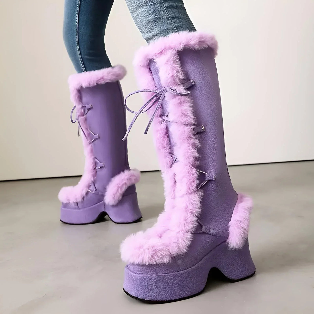 Purple platform boots with fluffy fur trim worn by a person.