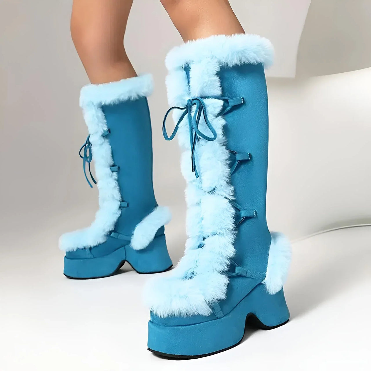 Women's Faux-Fur Chunky Platform Boots Block High Heel Boots