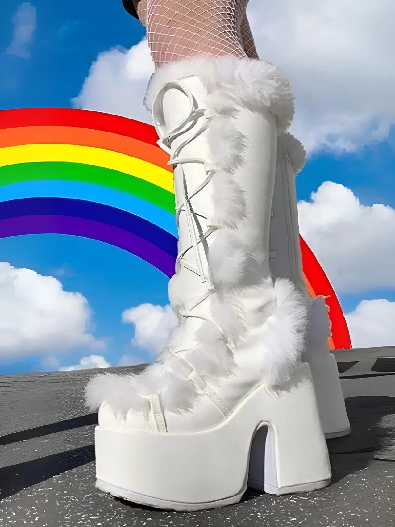 White platform boots with fur trim against a blue sky with a rainbow.