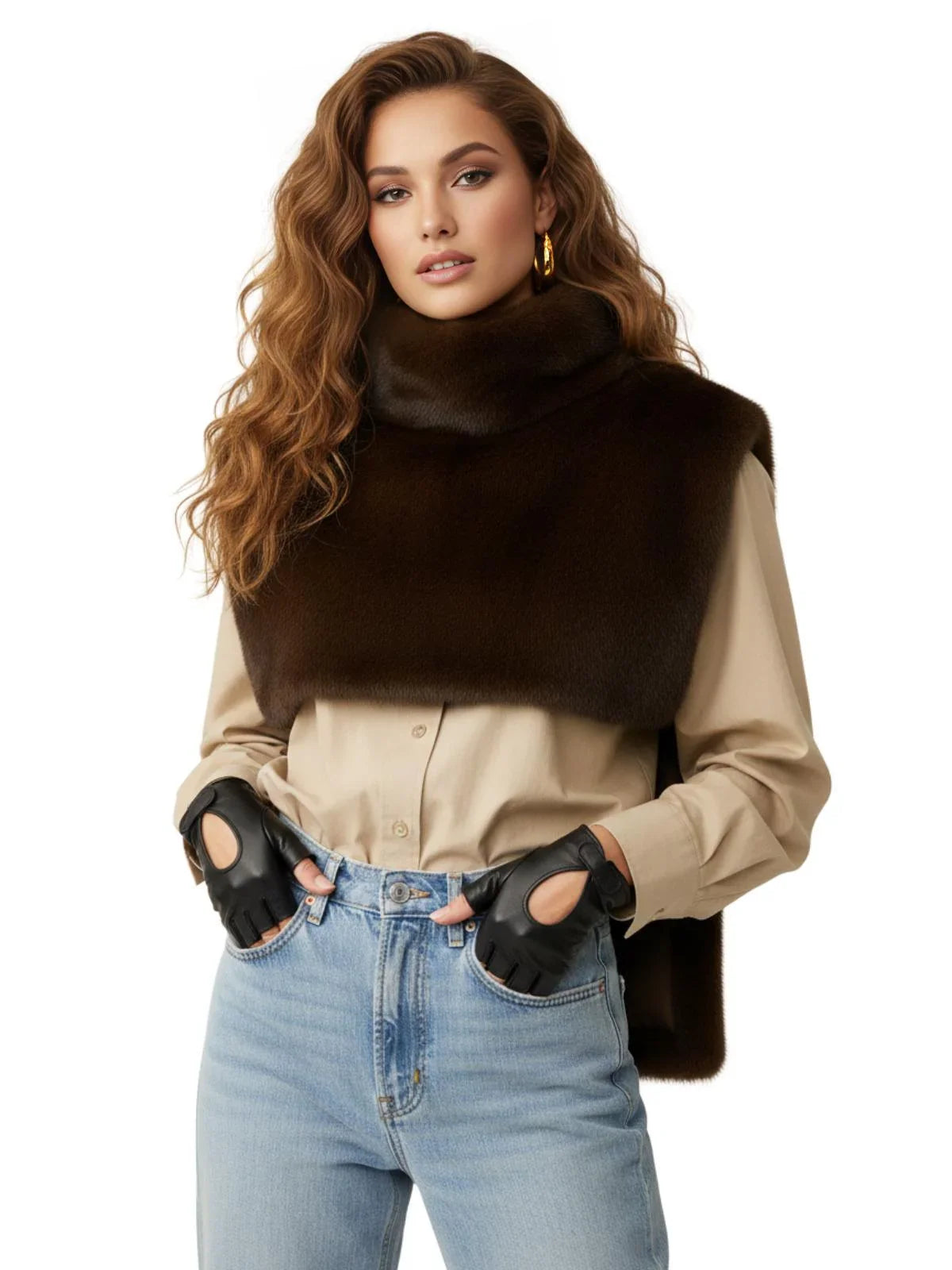 Women's Faux-Mink Fur Vest Turtleneck Eco Mink Fur Tank Tops Sleeveless Jacket Coat