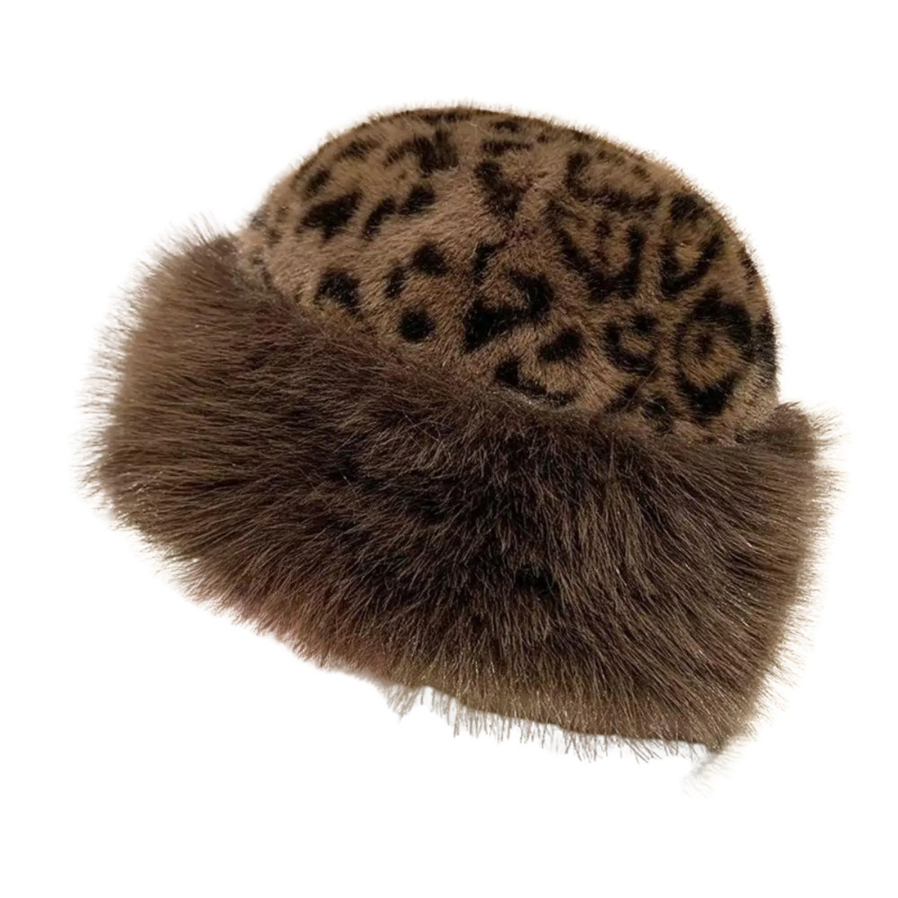 Brown leopard print faux fur hat on a white background