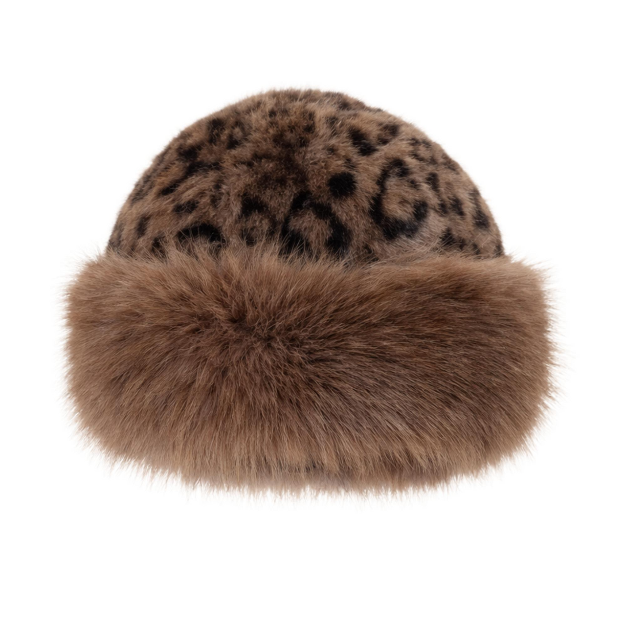 Brown faux fur hat with leopard print top on a white background