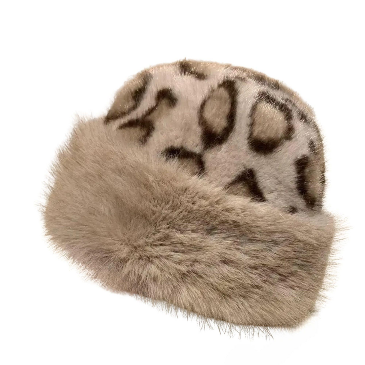 Beige leopard print faux fur hat on a white background