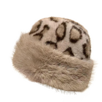 Thumbnail for Beige leopard print faux fur hat on a white background