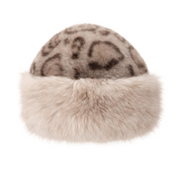 Thumbnail for Beige leopard print faux fur hat on a white background