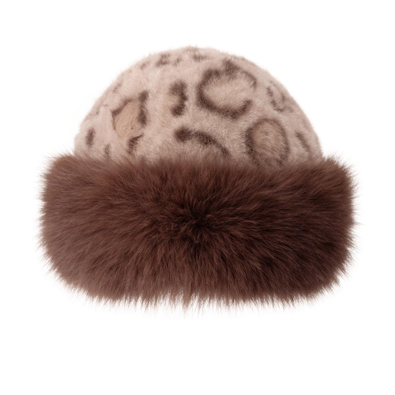 Beige-brown leopard print faux fur hat on a white background