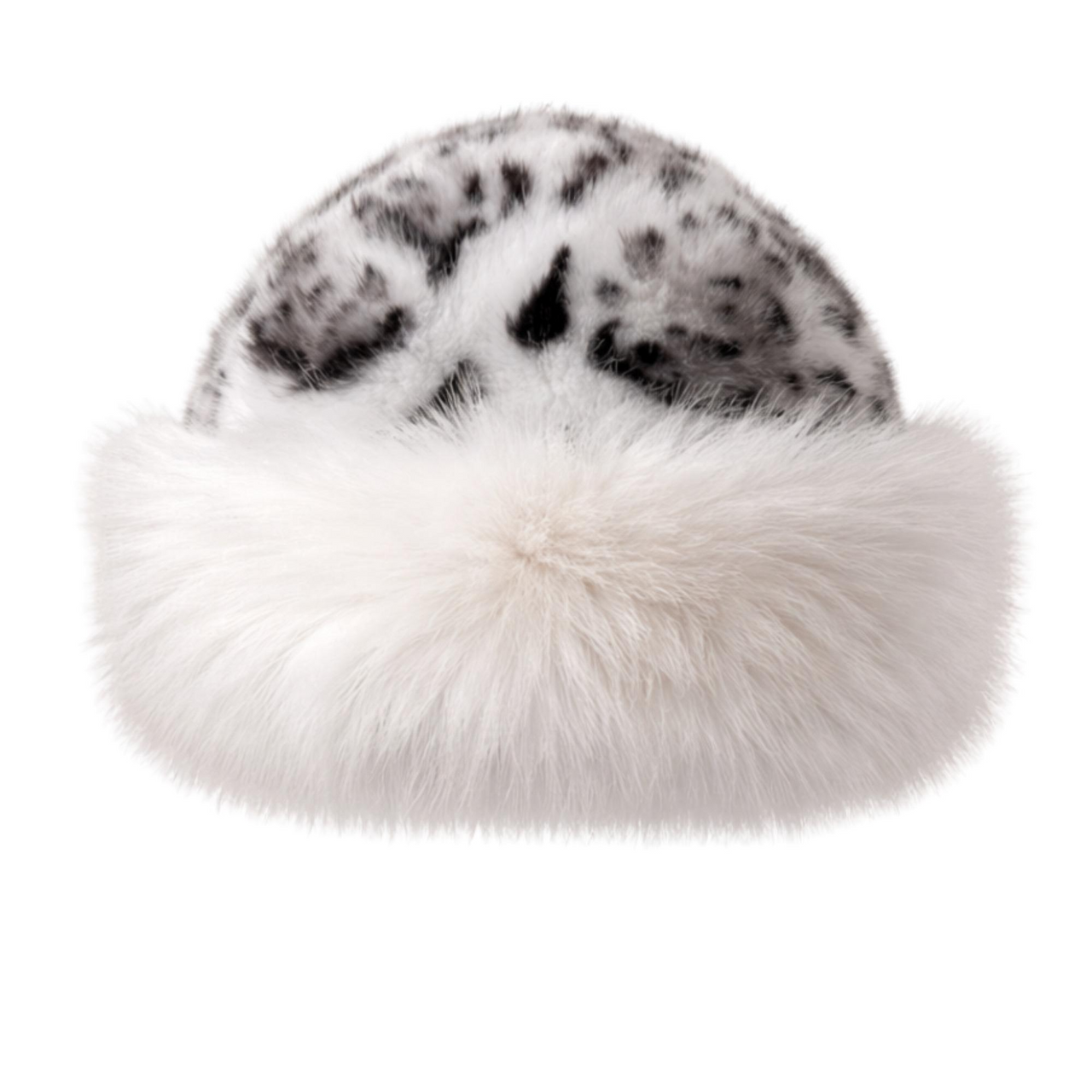 White-black leopard print faux fur hat on a white background