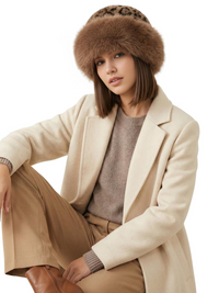Thumbnail for Woman wearing a brown leopard print faux fur hat and a beige coat, brown boots, on a white background
