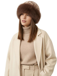Thumbnail for Woman wearing a beige-brown leopard print faux fur hat, beige coat, and sweater on a white background