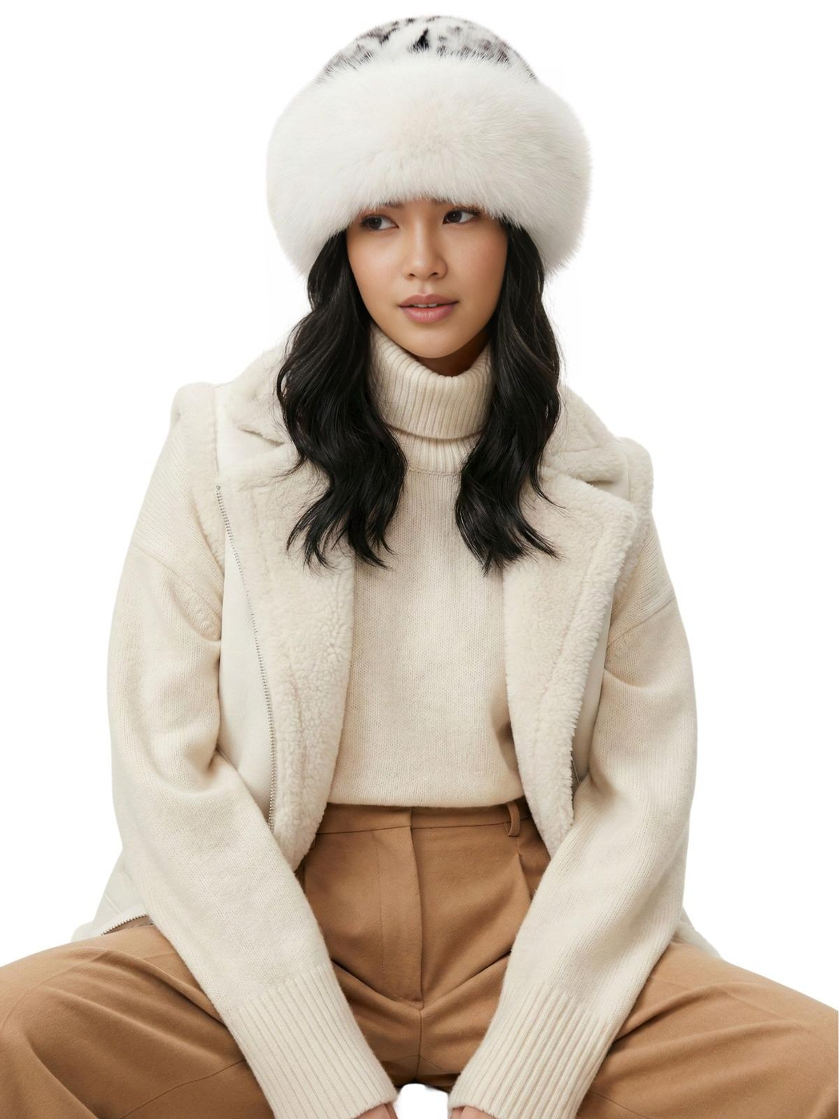 Woman wearing a cream coat, white turtleneck, and beige pants with a grey-black leopard print faux fur hat on a white background