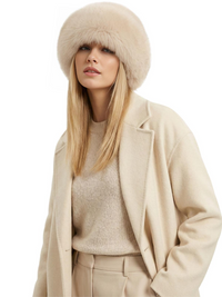 Thumbnail for Person wearing a beige faux fur hat and coat on a white background