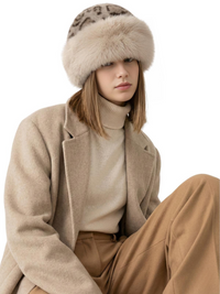 Thumbnail for Person wearing a beige leopard print faux fur hat, beige coat, sweater, and pants on a white background.