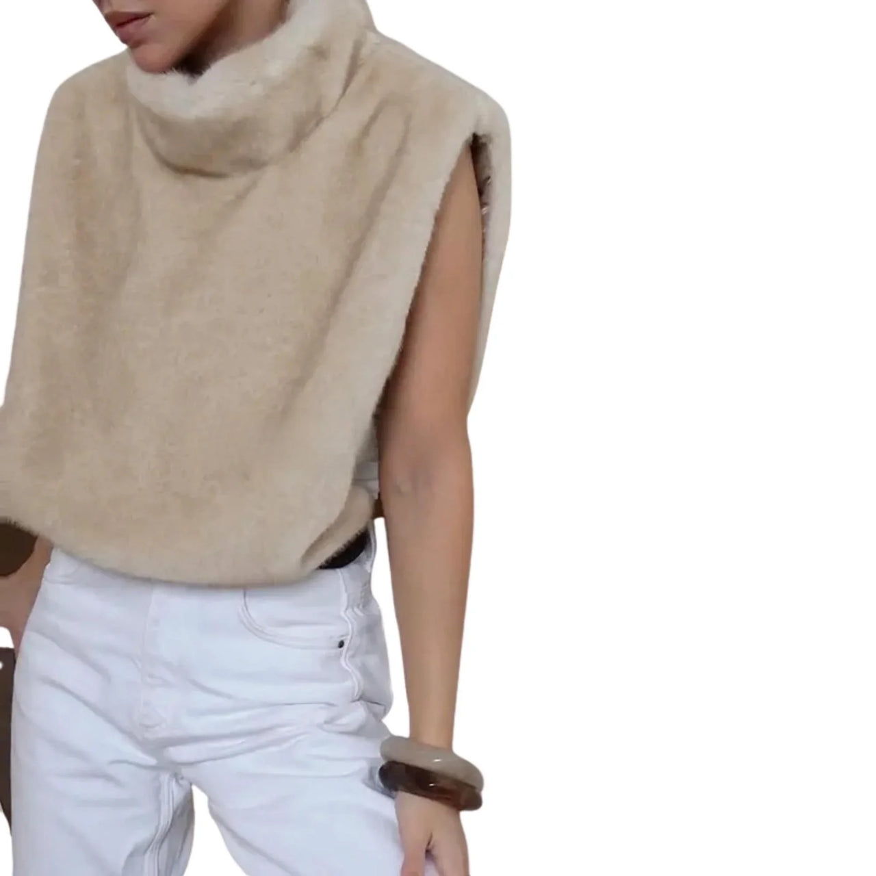 Women's Faux-Mink Fur Vest Turtleneck Eco Mink Fur Tank Tops Sleeveless Jacket Coat