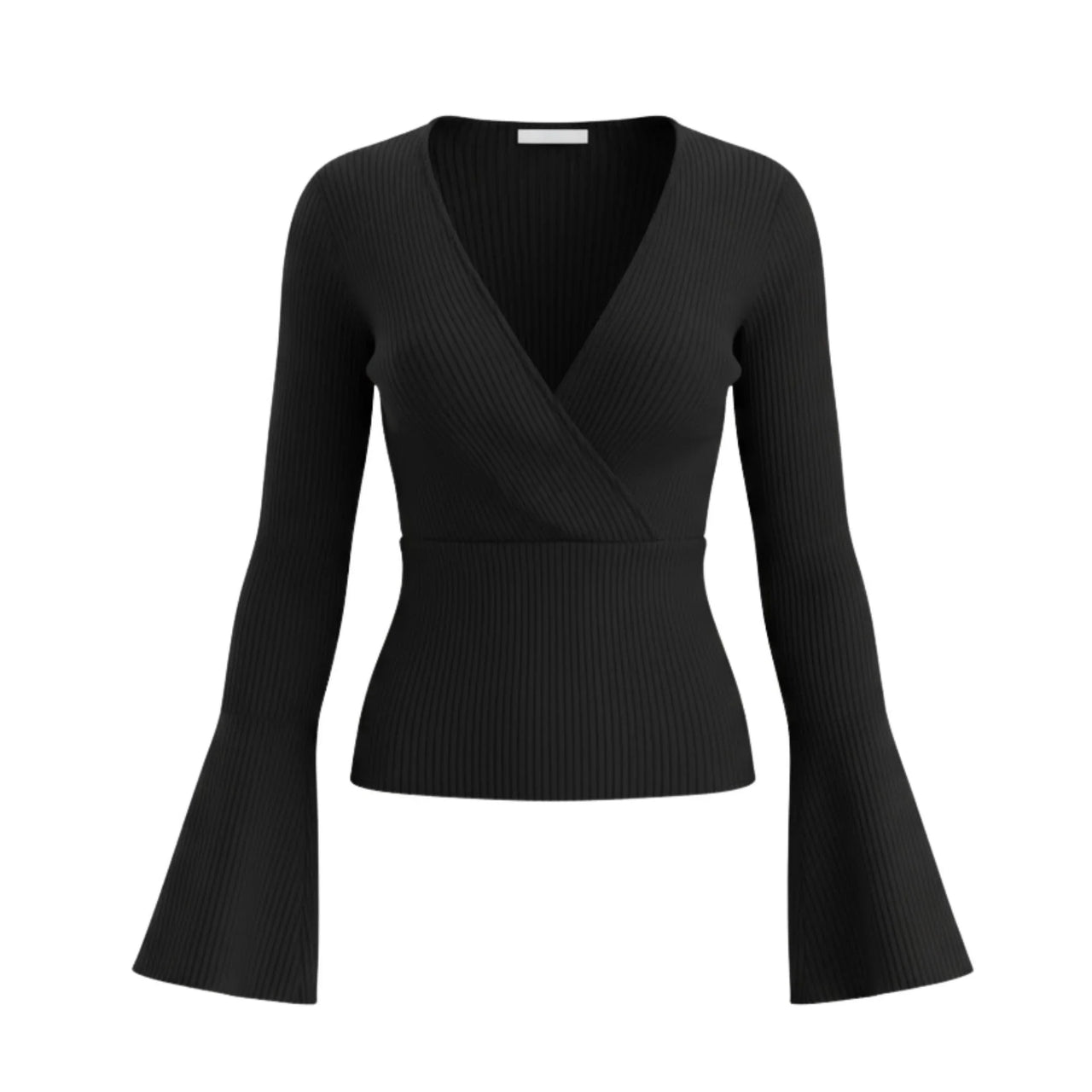 Women's Flare Sleeve Top V-Neck Sexy Slim Ribbed Women's Tops Long-Sleeved Shirt Knitted Shirt