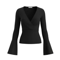 Thumbnail for Women's Flare Sleeve Top V-Neck Sexy Slim Ribbed Women's Tops Long-Sleeved Shirt Knitted Shirt
