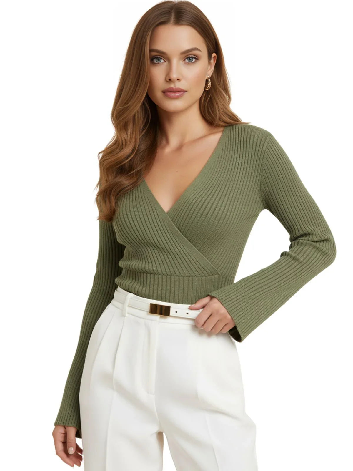 Women's Flare Sleeve Top V-Neck Sexy Slim Ribbed Women's Tops Long-Sleeved Shirt Knitted Shirt