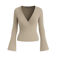 Thumbnail for Women's Flare Sleeve Top V-Neck Sexy Slim Ribbed Women's Tops Long-Sleeved Shirt Knitted Shirt