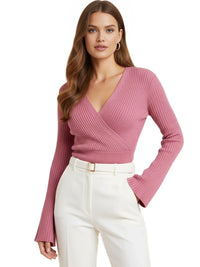 Thumbnail for Women's Flare Sleeve Top V-Neck Sexy Slim Ribbed Women's Tops Long-Sleeved Shirt Knitted Shirt