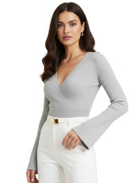 Thumbnail for Women's Flare Sleeve Top V-Neck Sexy Slim Ribbed Women's Tops Long-Sleeved Shirt Knitted Shirt