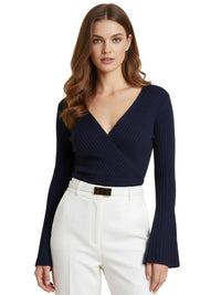 Thumbnail for Women's Flare Sleeve Top V-Neck Sexy Slim Ribbed Women's Tops Long-Sleeved Shirt Knitted Shirt