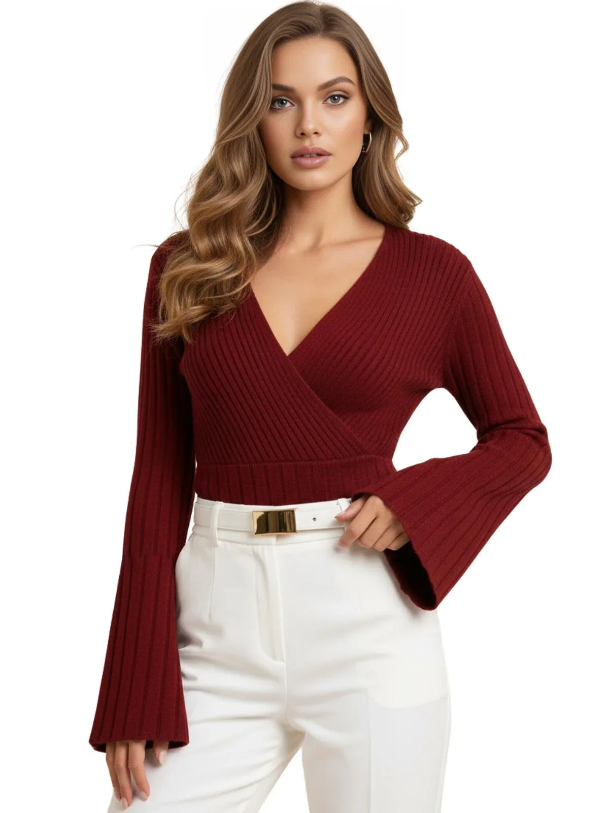 Women's Flare Sleeve Top V-Neck Sexy Slim Ribbed Women's Tops Long-Sleeved Shirt Knitted Shirt