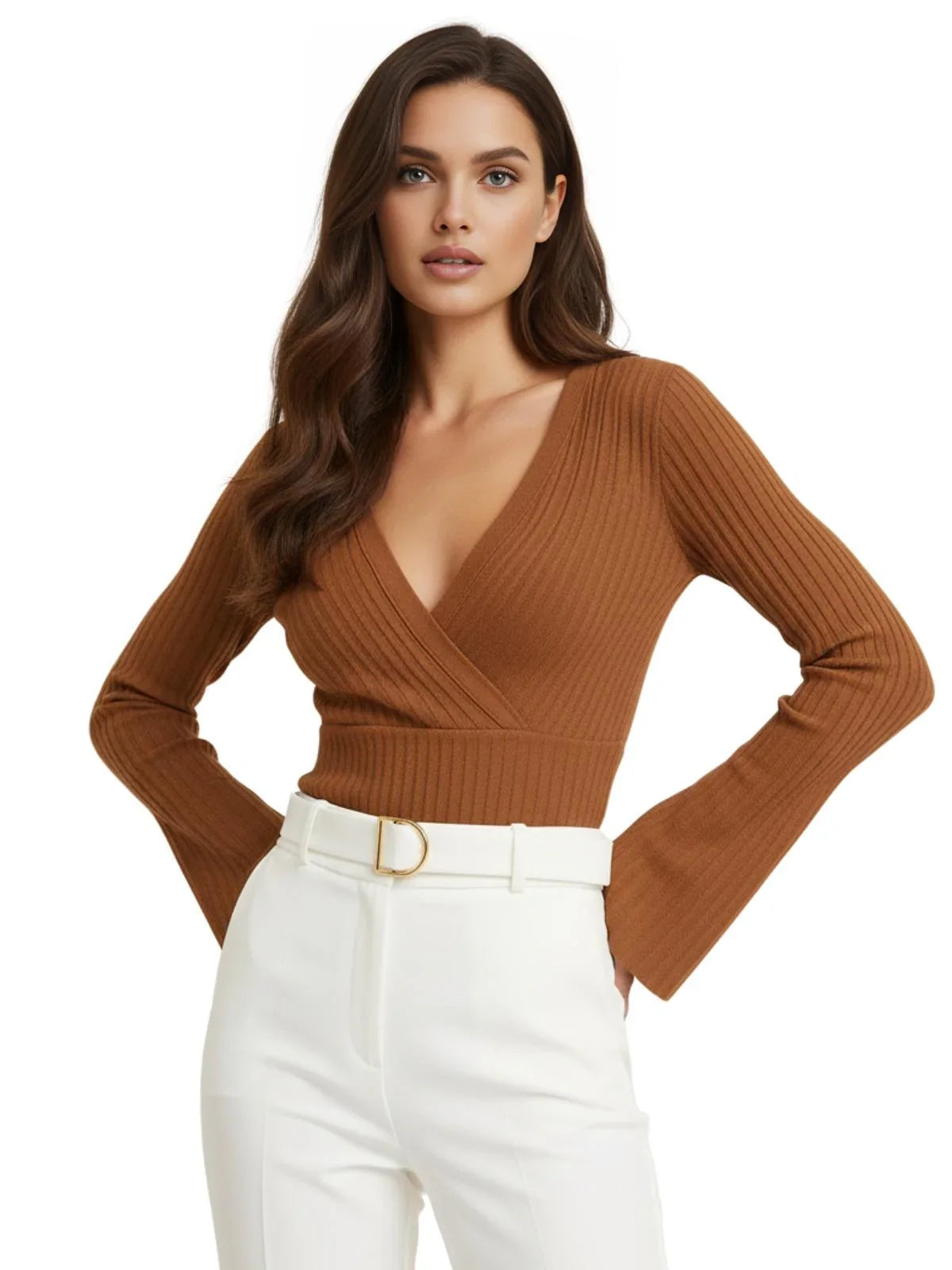 Women's Flare Sleeve Top V-Neck Sexy Slim Ribbed Women's Tops Long-Sleeved Shirt Knitted Shirt