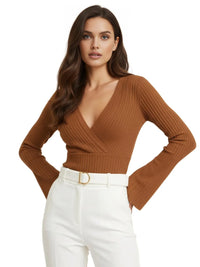 Thumbnail for Women's Flare Sleeve Top V-Neck Sexy Slim Ribbed Women's Tops Long-Sleeved Shirt Knitted Shirt