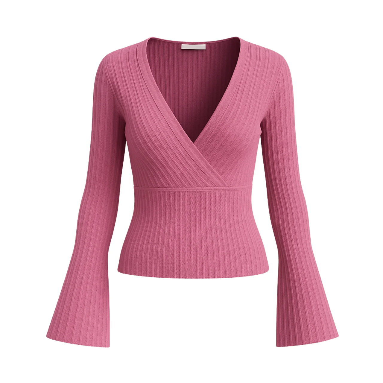 Pink ribbed long-sleeve top on a white background
