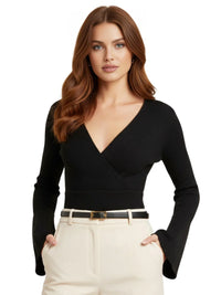 Thumbnail for Women's Flare Sleeve Top V-Neck Sexy Slim Ribbed Women's Tops Long-Sleeved Shirt Knitted Shirt