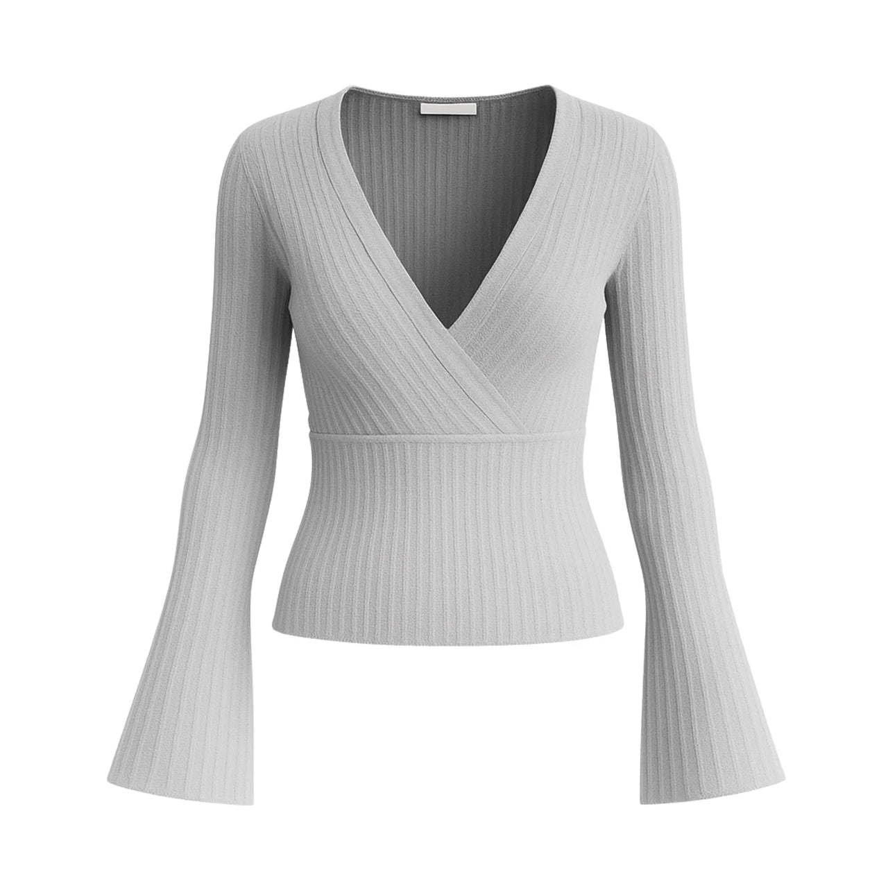 Gray ribbed long-sleeve top on a white background