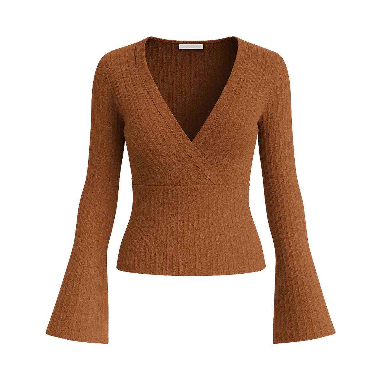 Brown ribbed long-sleeve top on a white background