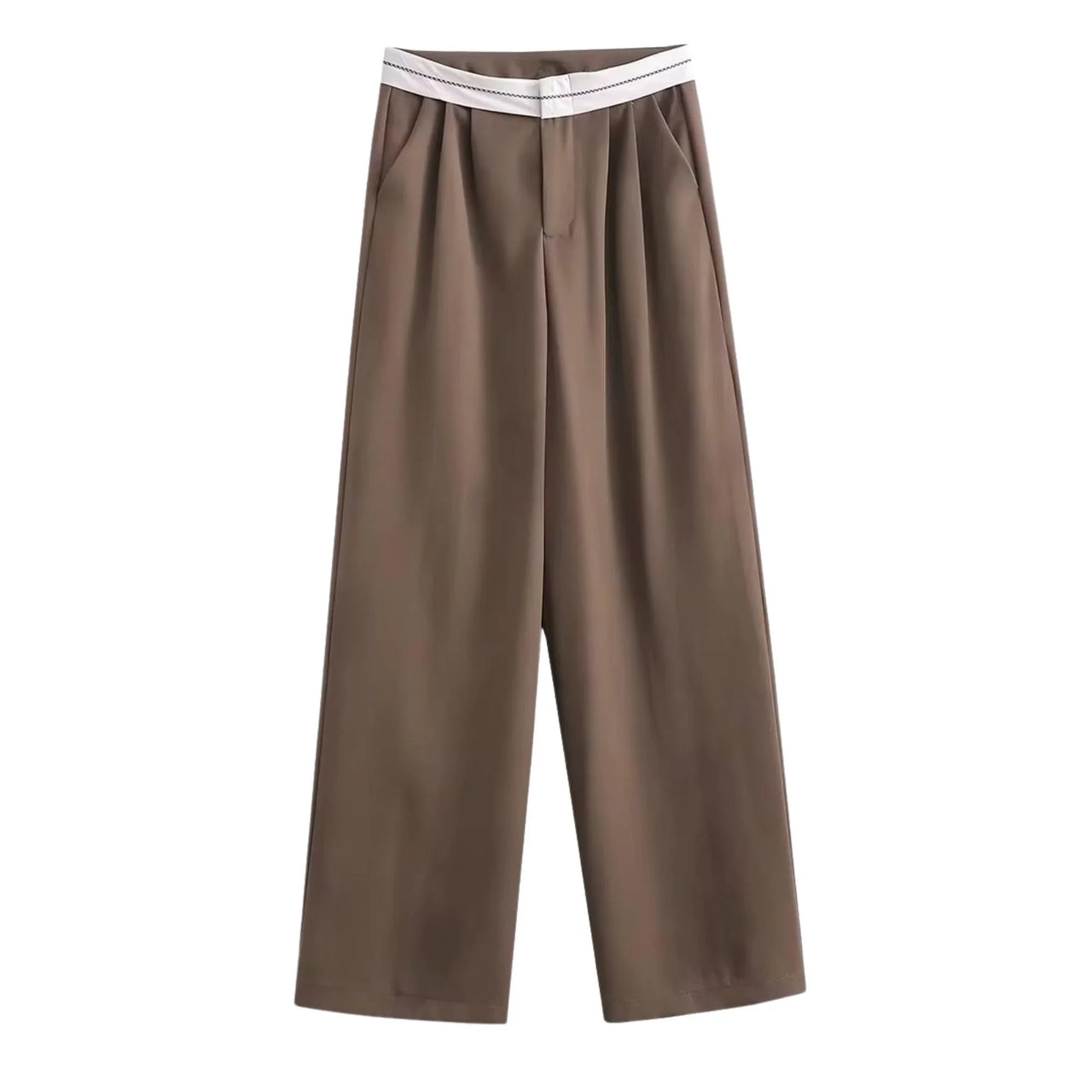Brown pants with a white waistband on a white background