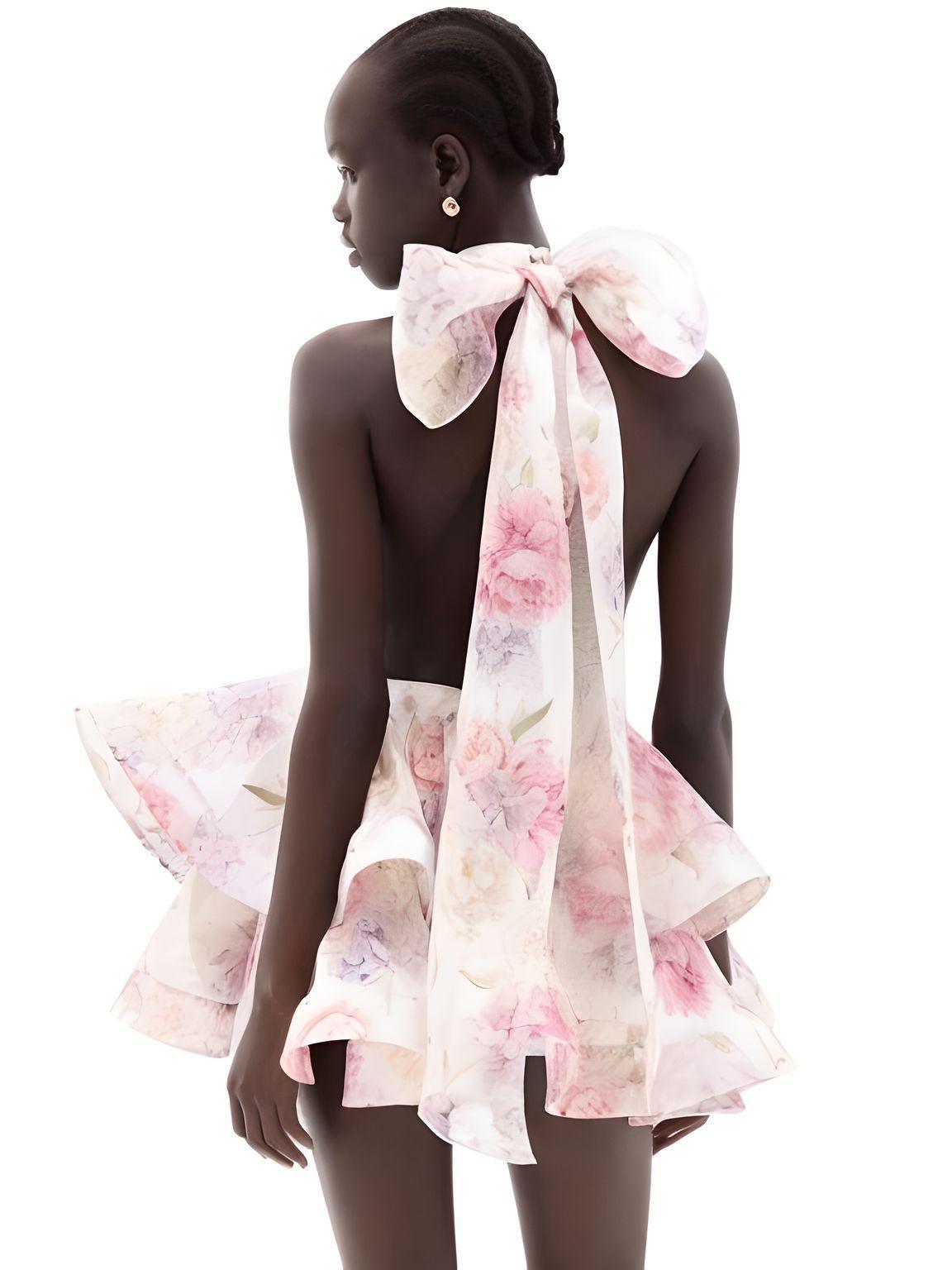 Women's Floral Backless Mini Dress Women's Summer Sexy Backless Romantic Double Hem Halter Elegant Birthday Banquet Party Bodycon Dress, Drestiny, Mini Dresses, Sleeveless, Off Shoulder, Pink Mini Dress, Pink, Blue Mini Dress, Blue, S, M, L, 4, 6, 8, 10, United States, USA, Canada, Australia, New Zealand, United Kingdom, UK, Floral mini dress, summer floral mini dress, short floral dress, floral mini dress for women, boho floral mini dress, shopdrestiny.com