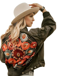 Thumbnail for Women's Floral Embroidered Black Boho Denim Jacket