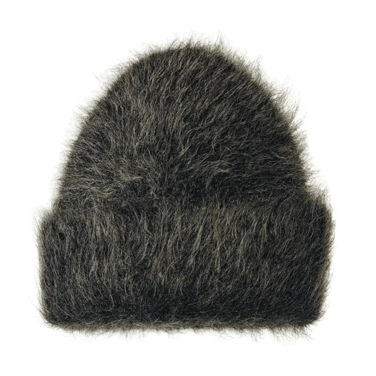 Dark grey fuzzy alpaca beanie on a white background