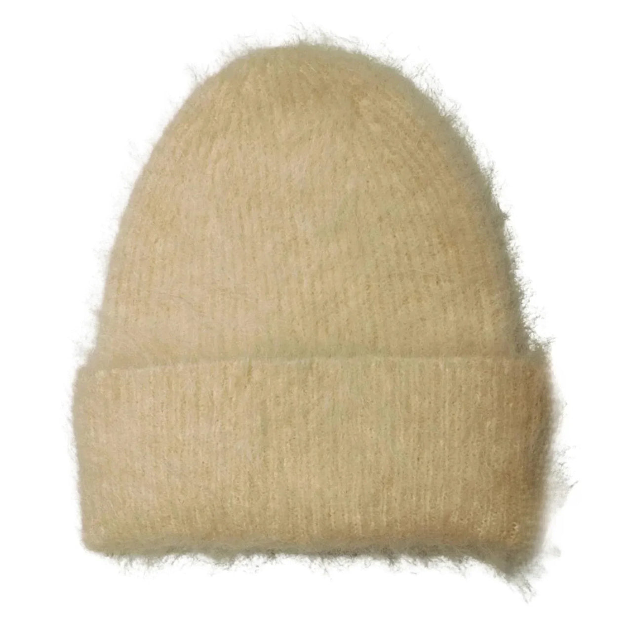 Women's cream alpaca fur beanie on a white background