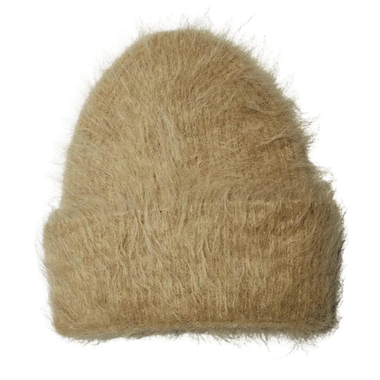 Women's fuzzy alpaca beanie hat on a white background