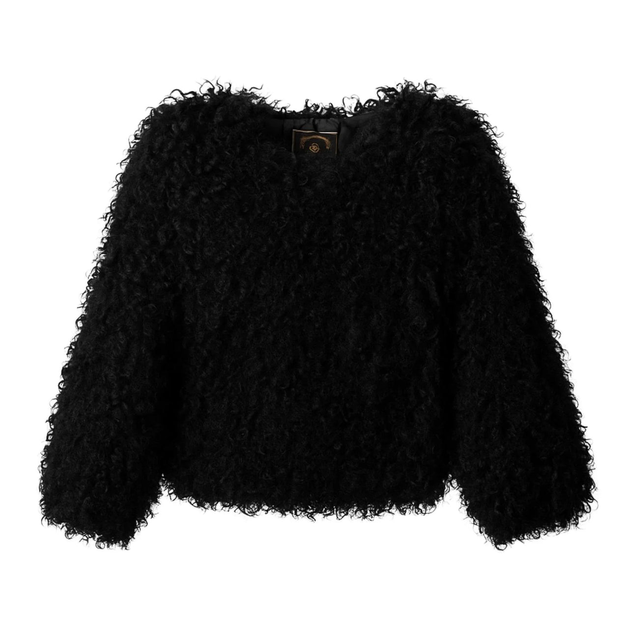 Black fuzzy faux fur jacket on a white background