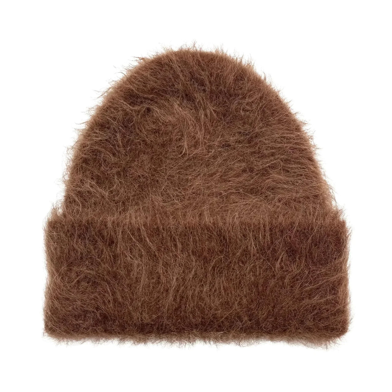 Brown alpaca beanie hat on a white background