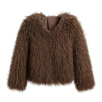 Thumbnail for Brown fluffy faux fur jacket on a white background
