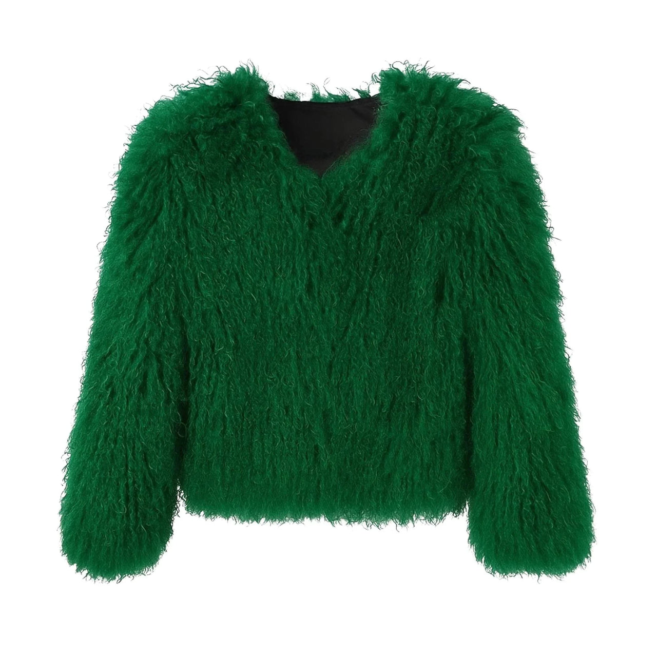 Green fluffy faux fur jacket on a white background