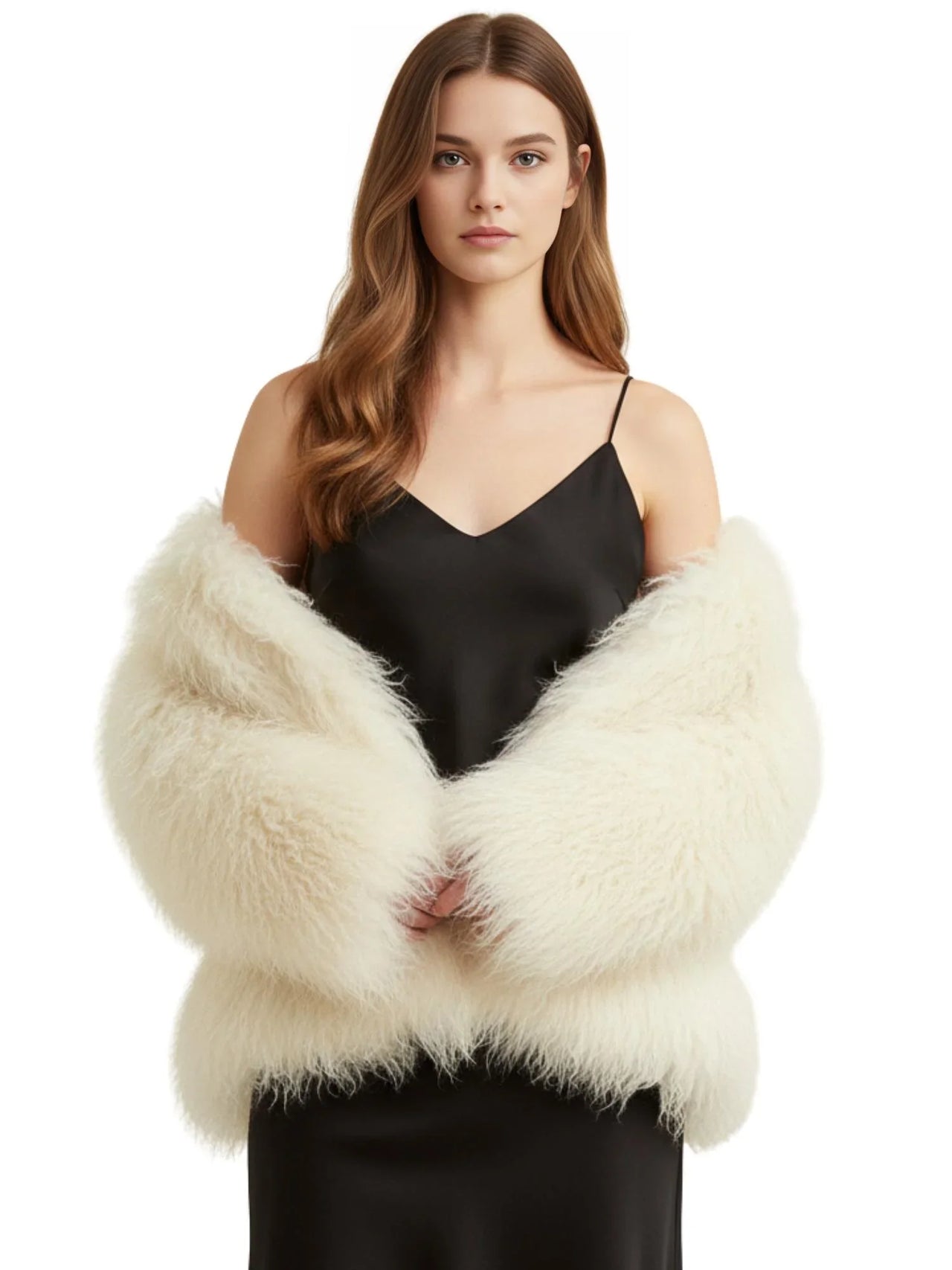 Woman wearing a fluffy white faux fur coat over a black slip dress on a white background