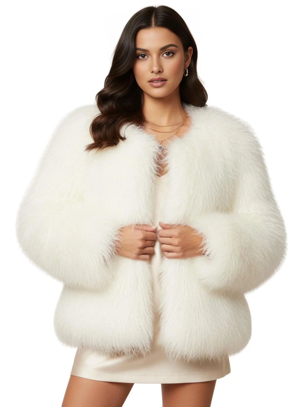 Woman wearing a white fluffy faux fur coat on a white background