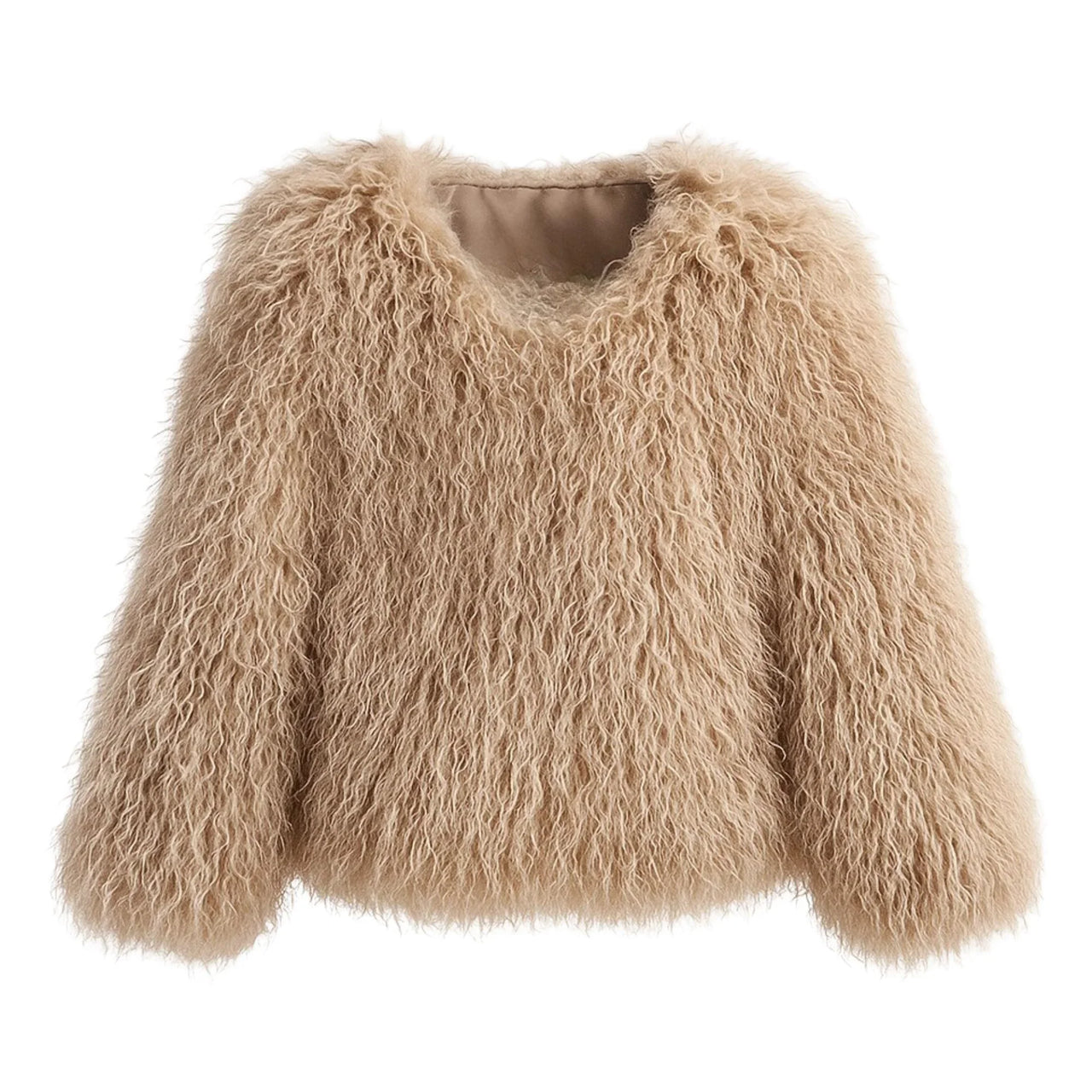 Light brown fluffy faux fur jacket on a white background