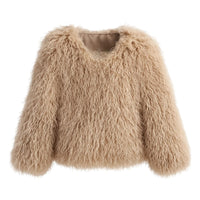 Thumbnail for Light brown fluffy faux fur jacket on a white background