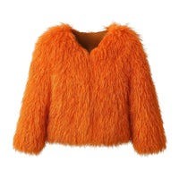 Thumbnail for Orange fluffy faux fur jacket on a white background