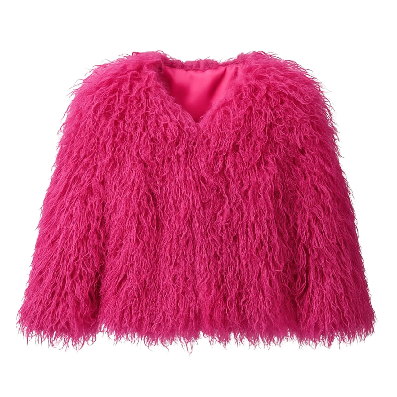 Pink fluffy faux fur jacket on a white background
